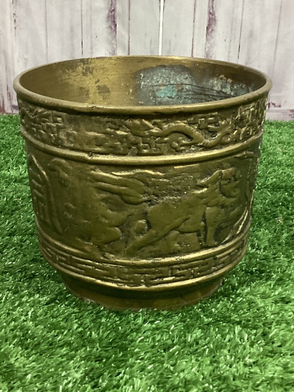 Vintage Chinese Brass Planter Taotie Motif Shang Style Decor Heavy